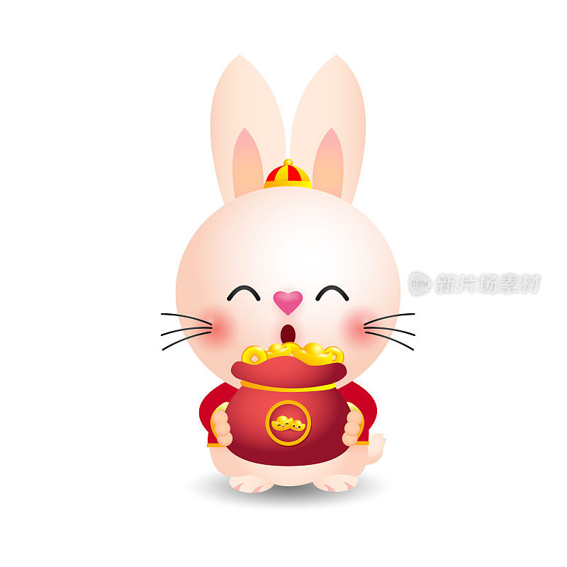 2023年新春佳节，小兔子抱金袋，兔年生肖吉祥，恭喜发财，白色背景上孤立的卡通矢量插图。