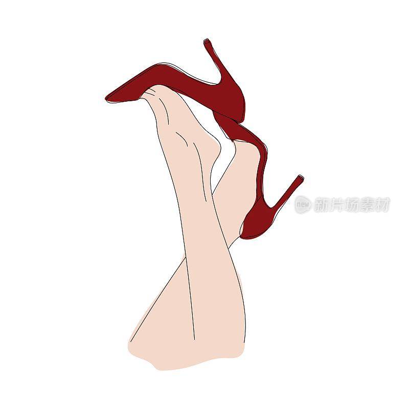 迷人的性感腿穿红鞋，美丽的女性腿穿高跟鞋，女性美的概念。