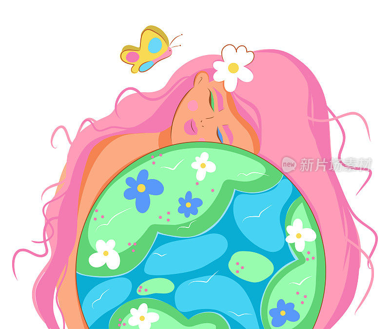 矢量插图温柔的女孩与粉红色的头发拥抱行星地球地球的爱和欢乐行星日地球日生态