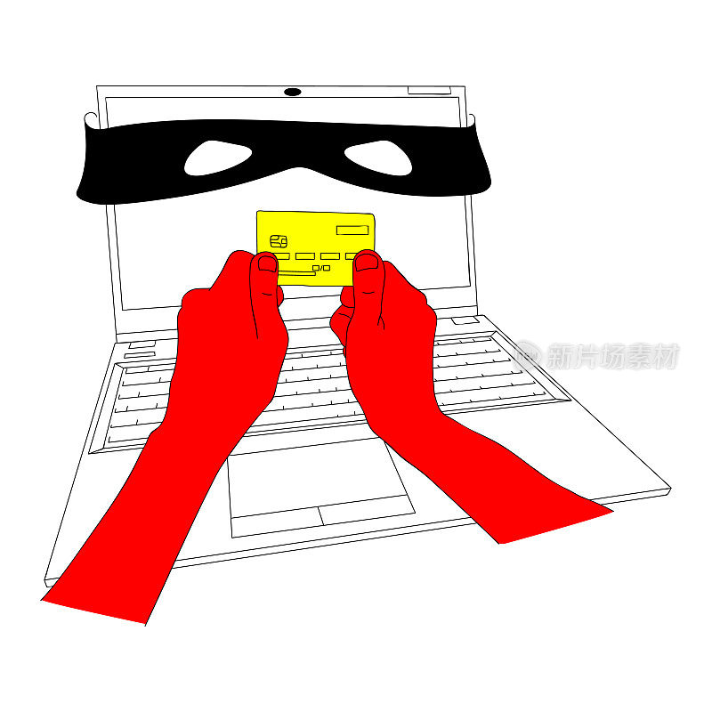 手拿着塑料银行卡放在笔记本电脑屏幕前。间谍软件在被入侵的电脑窃取用户的个人数据。网络安全的概念。从银行卡里偷钱。素描,线性图