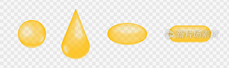 金色有光泽的气泡、水滴、胶囊套装。胶原蛋白、角蛋白、血清、荷荷巴化妆品油、维生素A或E、欧米茄脂肪酸球、滴、丸