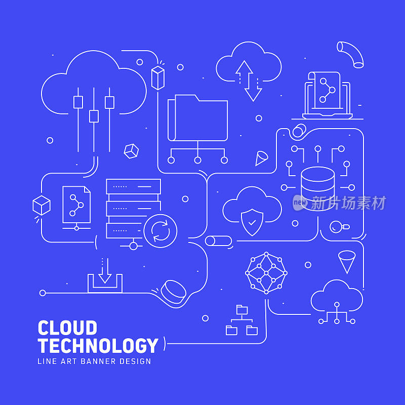 网页、标题、宣传册、年报、图书封面等与云技术相关的线条风格横幅设计