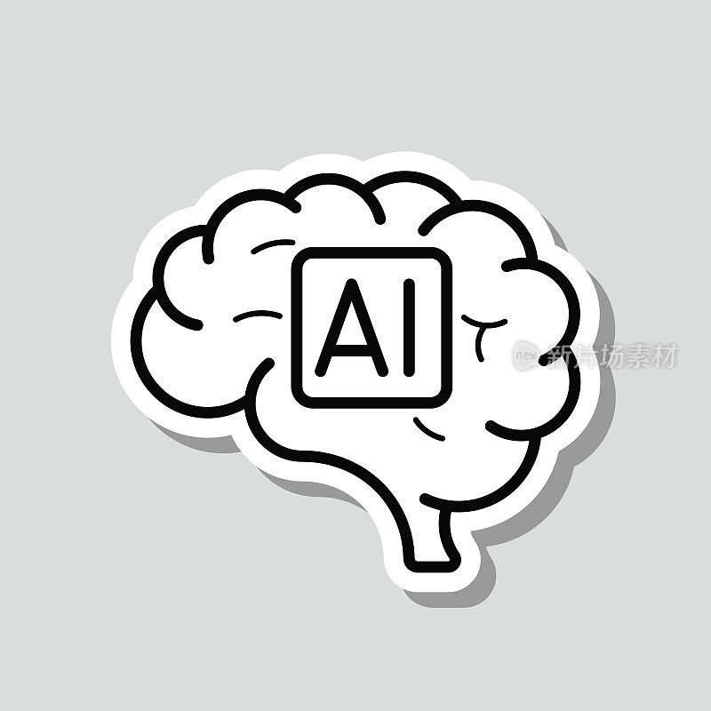 人类的大脑带有人工智能AI。图标贴纸在灰色背景
