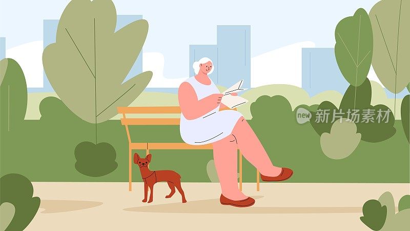 老妇人带着狗在绿色公园里放松。女主人公坐在长椅上看报纸，户外时光矢量场景