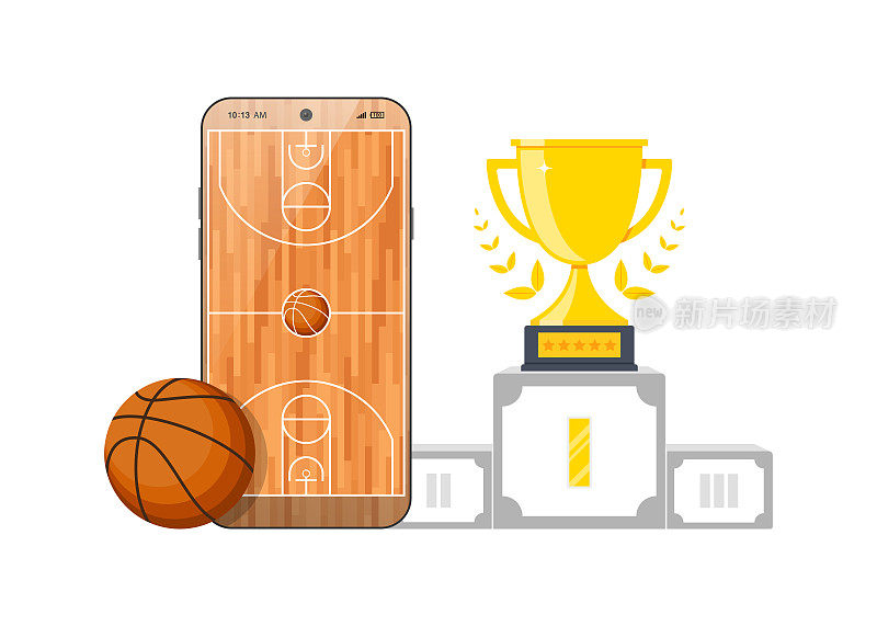 移动篮球。在线体育打赌玩比赛。在线篮球游戏与现场移动应用程序。篮球场在智能手机屏幕和球。网上售票，体育博彩