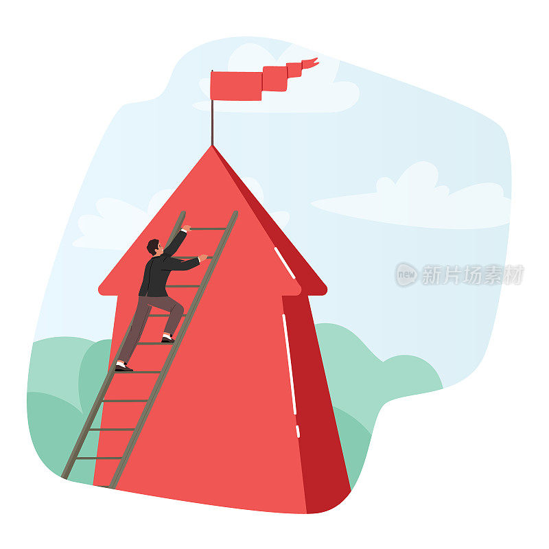 商人人物爬梯子到巨大的红色箭头顶部与旗帜。人要实现目标，人要一步步走向成功