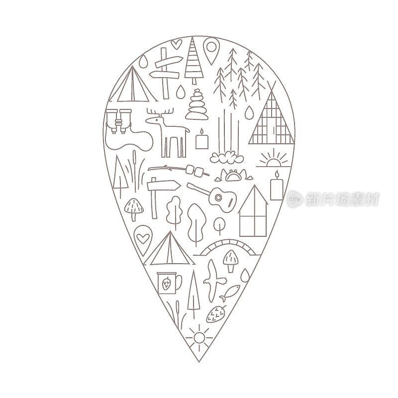 简单的线性插图上的地图别针形状。有很多关于露营，豪华野营，野生自然，动物的图标。