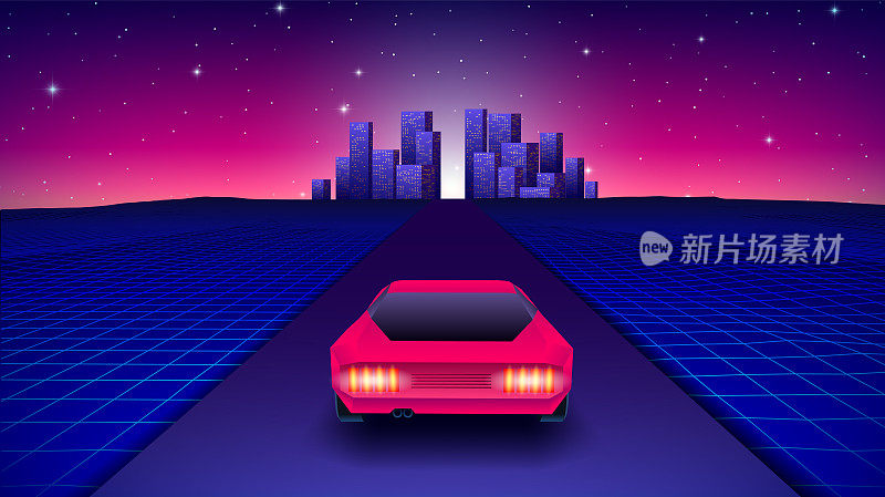80年代合成波风格的霓虹灯车奔向城市。在90年代街机游戏风格的网格景观道路上与闪闪发光的霓虹灯汽车复古汽车插画。