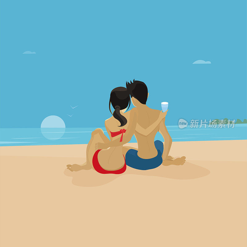 幸福微笑的情侣夫妇男人和女人字符坐在海滩的海岸的海洋