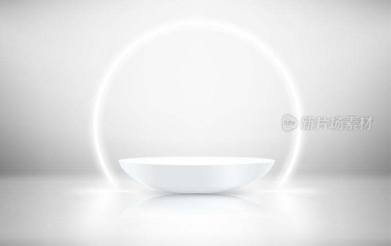 白色霓虹灯发光的圆圈和白色的平台在白色的内部。三维向量