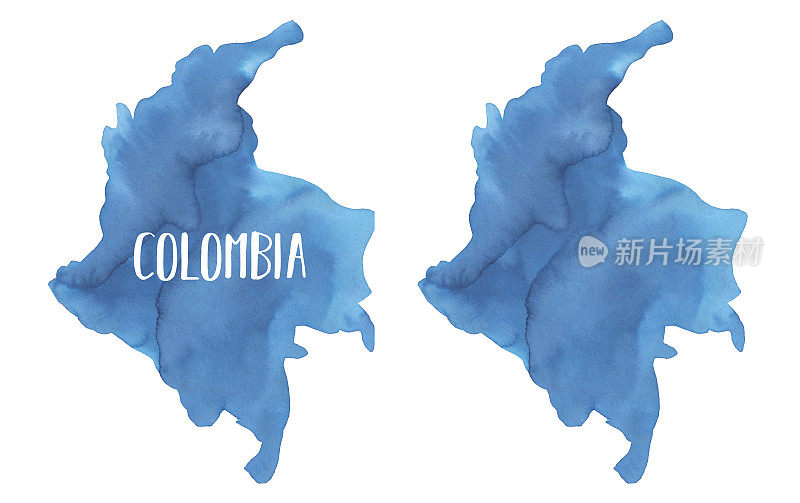 哥伦比亚地图水彩插图集在两个变化:空白模板和字母的例子。