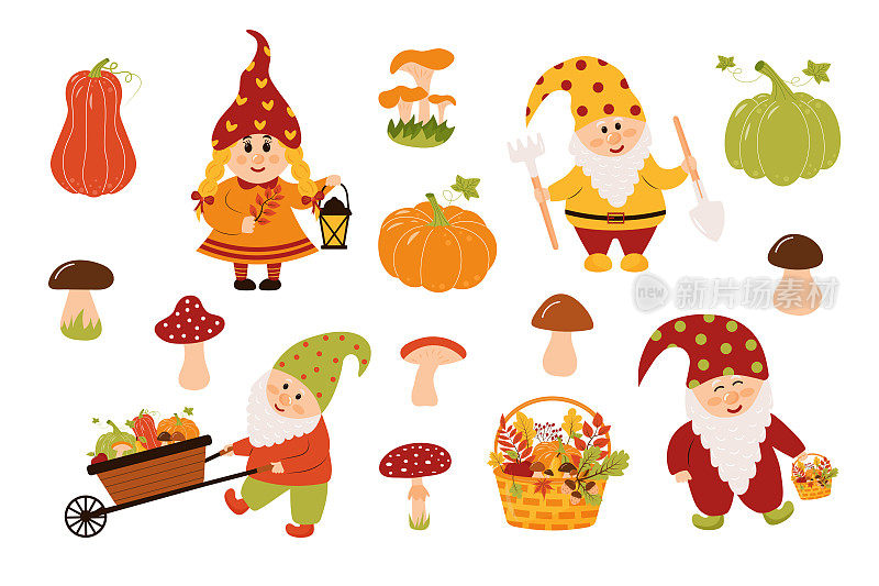 秋天花园里有侏儒、蘑菇、南瓜等。秋天，秋天的季节，收获，感恩的概念。