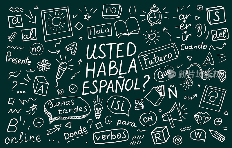 您你西班牙语吗?在线翻译语言。你会说西班牙语学习概念矢量插图。涂鸦
