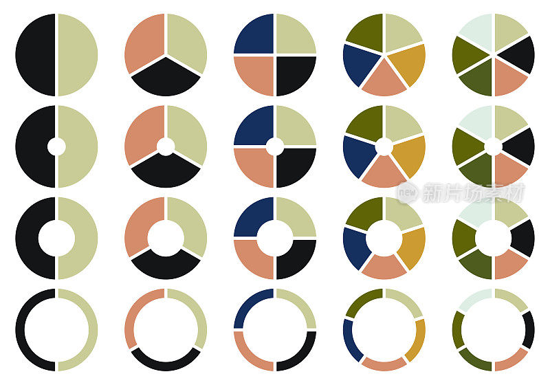 矢量插图进度条饼图集，共享颜色圆图标的信息图，颜色图集合与2、3、4、5、6节或步骤，UI,web设计业务演示