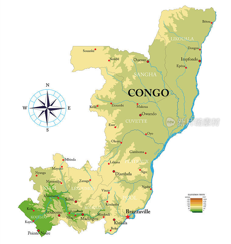 刚果共和国高度详细的物理地图
