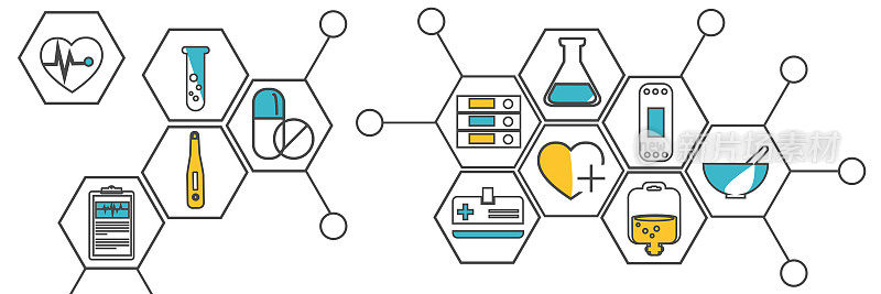平面风格的远程医疗、保健和急救概念。医学图标设置在孤立的白色背景六边形。为web应用程序，演示文稿，打印的创意医学插图。