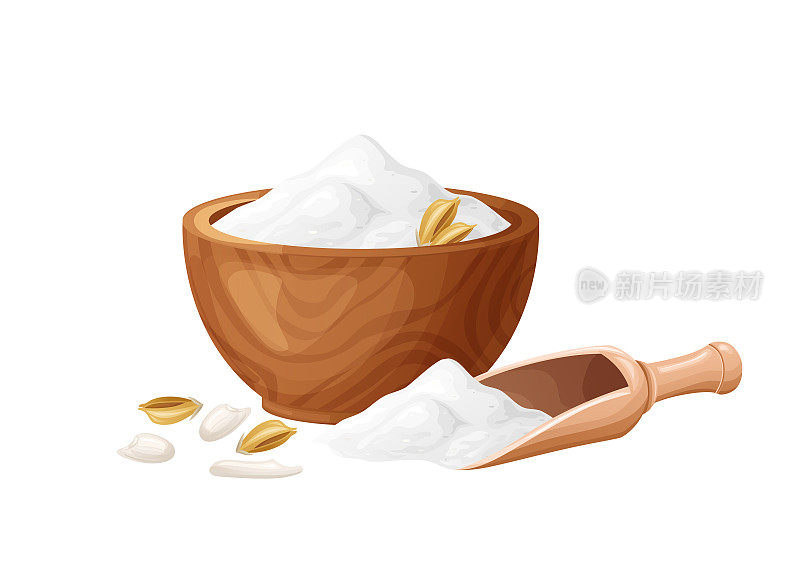 米粉，木碗，带籽。健康的无麸质食物。有机产品中含有po7。矢量插图孤立在白色背景上