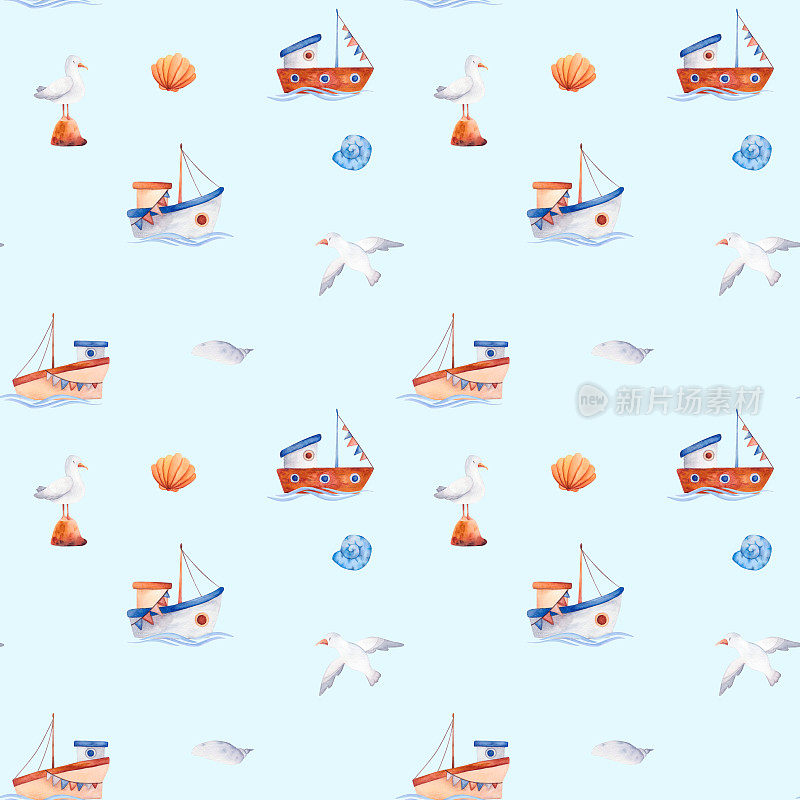 无缝图案装饰设计，帆船，海鸥，贝壳，码头风格。