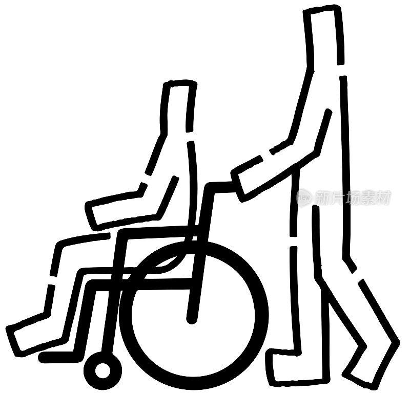 使用轮椅的人和提供帮助的人。手绘曲棍球手。