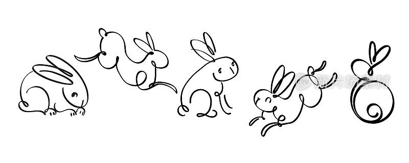 兔年生肖。用画笔手绘兔子轮廓。简单极简的中国十二生肖兔子设计贺卡，海报，横幅，小册子，日历。