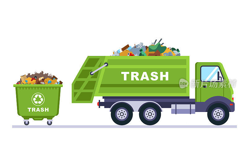 绿色卡车和塑料垃圾桶。平面向量插图。