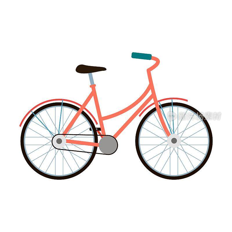 可爱的自行车女低架。儿童或成人生态城市交通矢量图。卡通平衡自行车孤立在白色。体育比赛