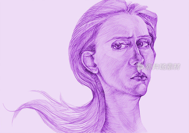 插图铅笔画肖像的女人长发和表达焦虑的目光在一个白色的背景