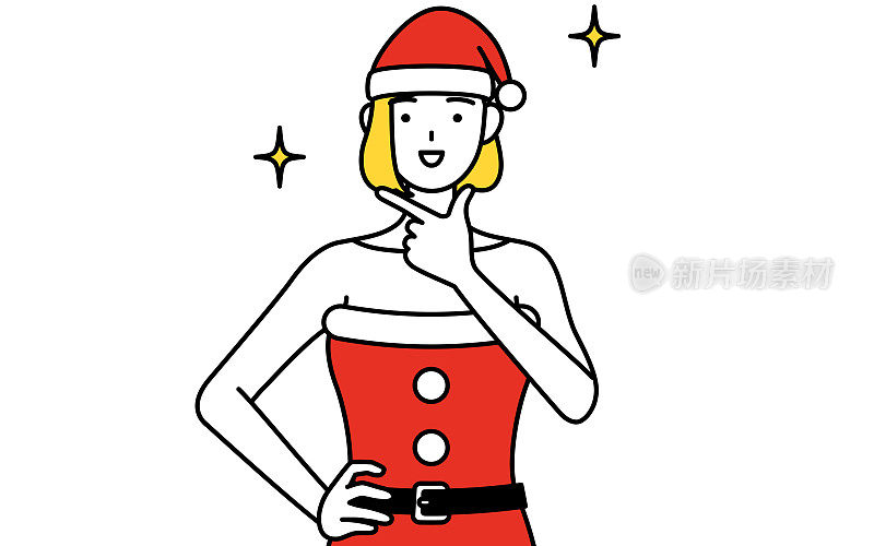 简单的线条插画，一个女人打扮成圣诞老人在一个自信的姿势。