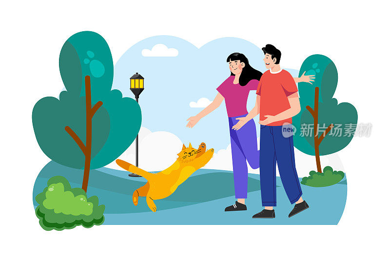 在公园散步的夫妇与猫插图概念。白色背景上的平面插图