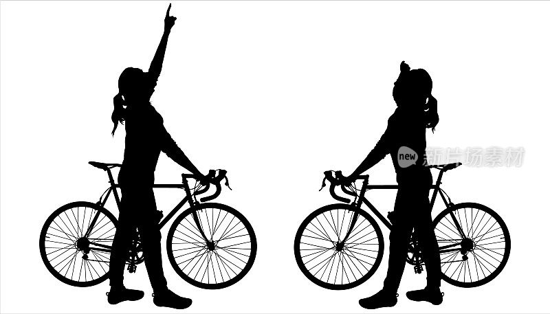 两个骑自行车的女孩。这个女孩一手握着自行车方向盘，另一只手指示方向。另一个女孩正盯着那个方向举手。
