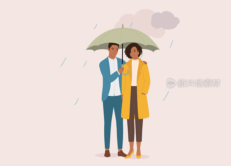 在雨天打着雨伞的黑人青年夫妇。
