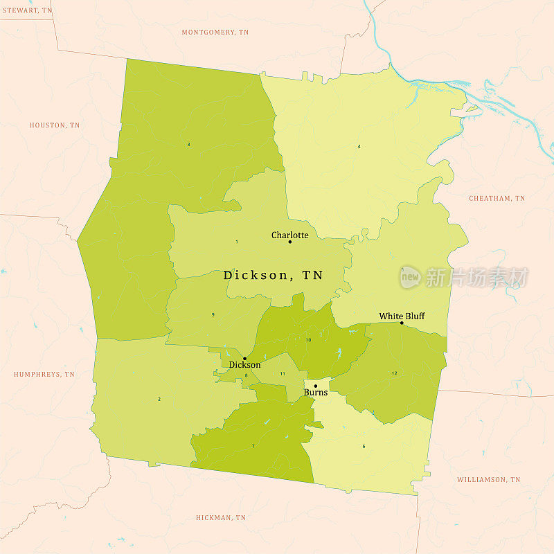 TN迪克森县矢量地图绿色