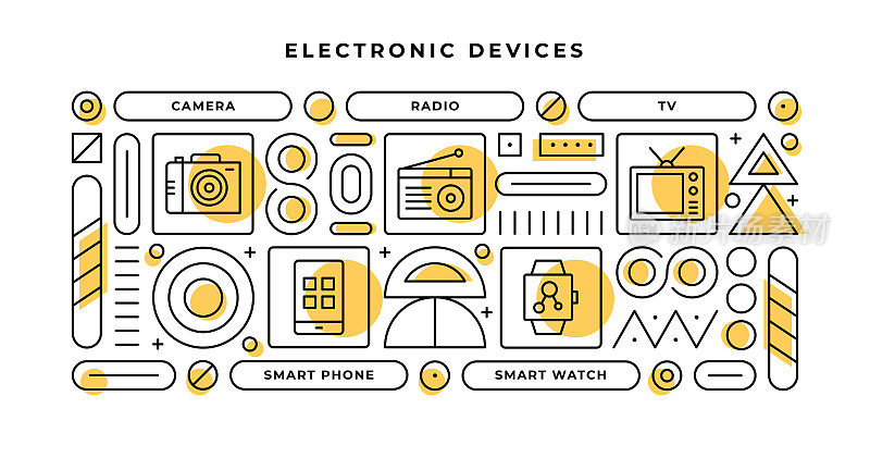 电子设备信息图形概念与几何形状和相机，收音机，电视，智能电话线图标