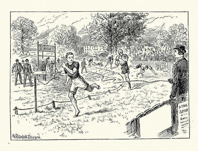 19世纪，维多利亚时代的跑步运动员在参加一场越野运动比赛