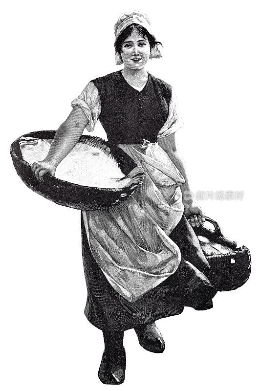 年轻的荷兰女鱼贩，带着一个装满鱼的又大又平的篮子，戴着兜帽和第二个篮子，全长，白色背景
