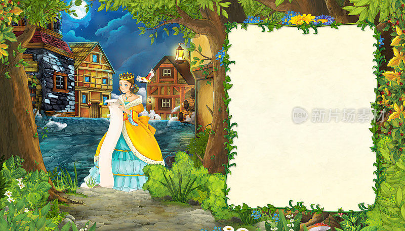 卡通自然场景与中世纪城市街道和美丽的女孩公主站在阅读儿童插图