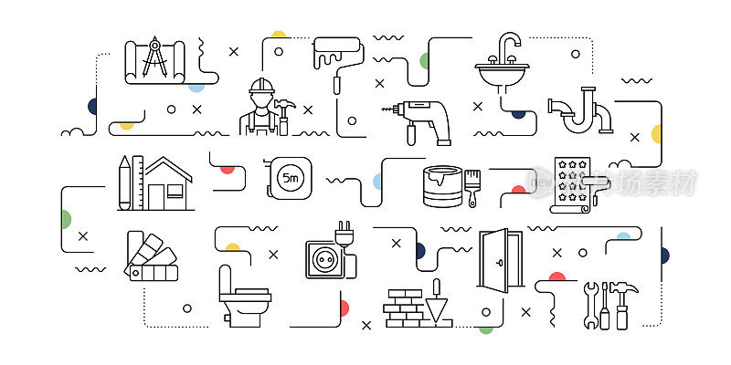 家居装修相关的矢量横幅设计概念,现代线条风格与图标