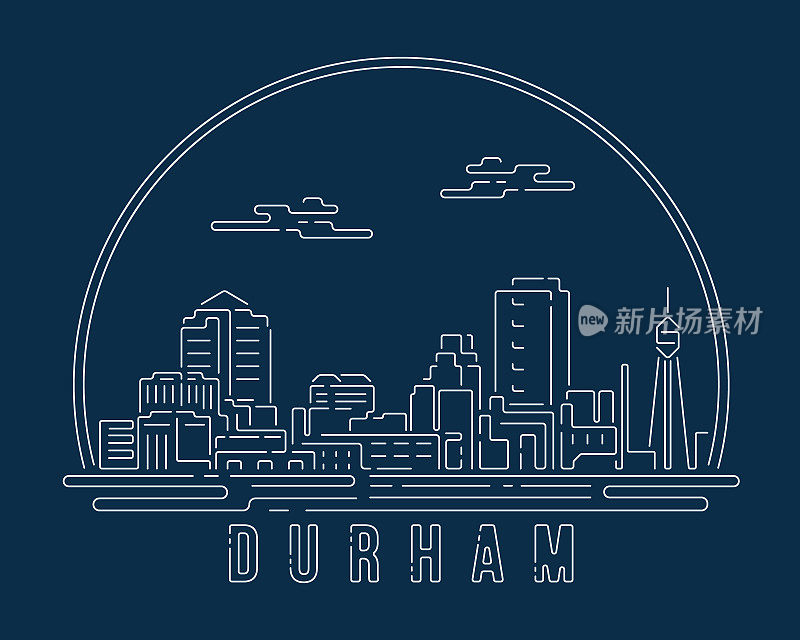 杜伦-城市景观以白色抽象线条角曲线现代风格在深蓝色背景上，建筑天际线城市矢量插图设计