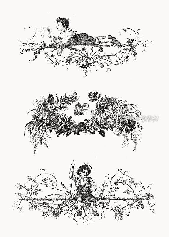 带有男孩和植物图案的小插图，木版，1877年出版