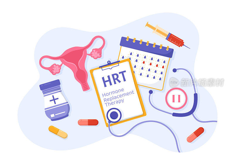 HRT或激素替代疗法首字母缩略词矢量插图与治疗和激素药物在医疗保健卡通手绘模板