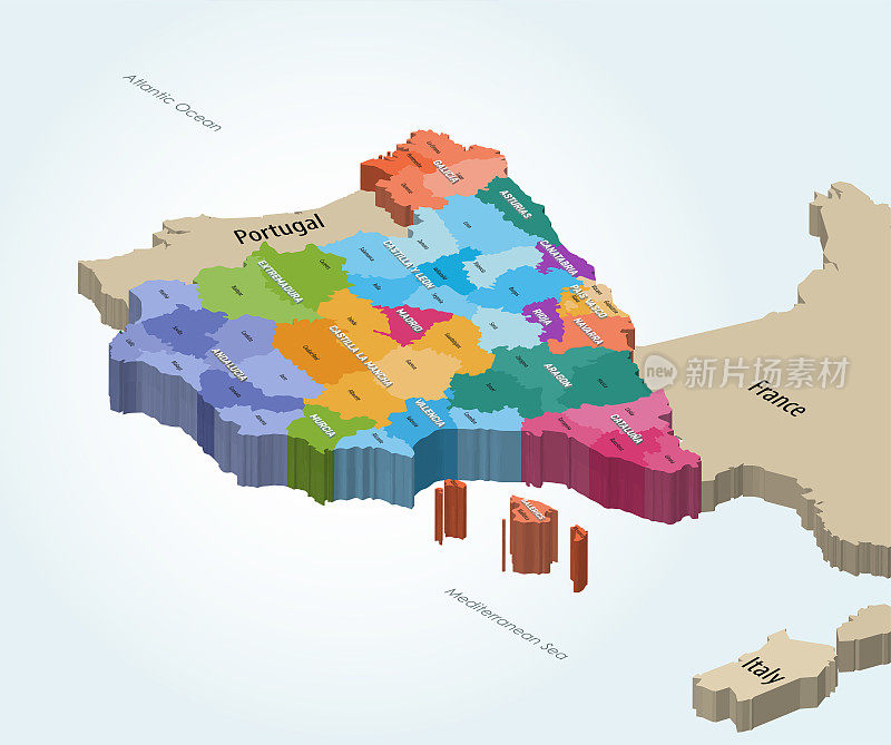 西班牙自治区和省等距地图