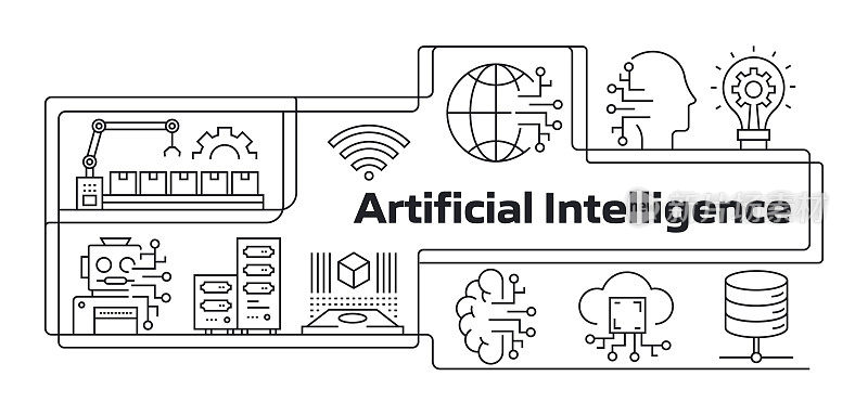 人工智能现代线横幅图标。科技，机器人，创新，云技术，电路