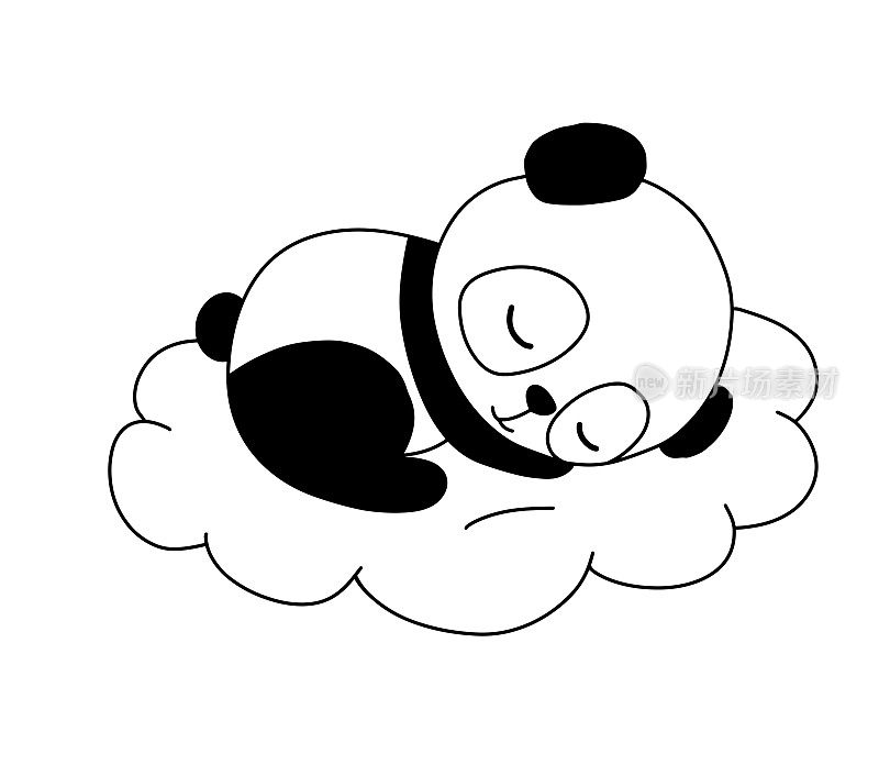 可爱的梦熊熊猫在云端。卡通手绘矢量轮廓插图。线宝宝动物