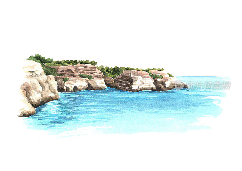 海崖，海岸岩石。手绘水彩插图孤立的白色背景