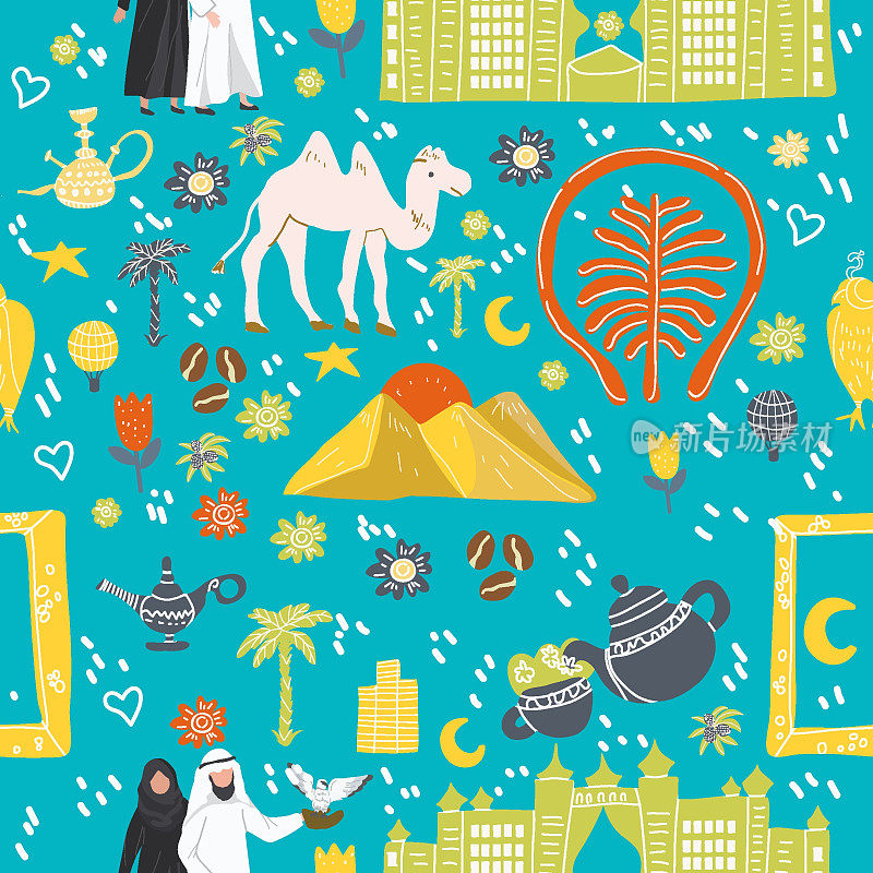 阿联酋迪拜无缝图案手绘矢量插图。背景，数码纸，用于指南，海报，旅游小册子，时装设计。