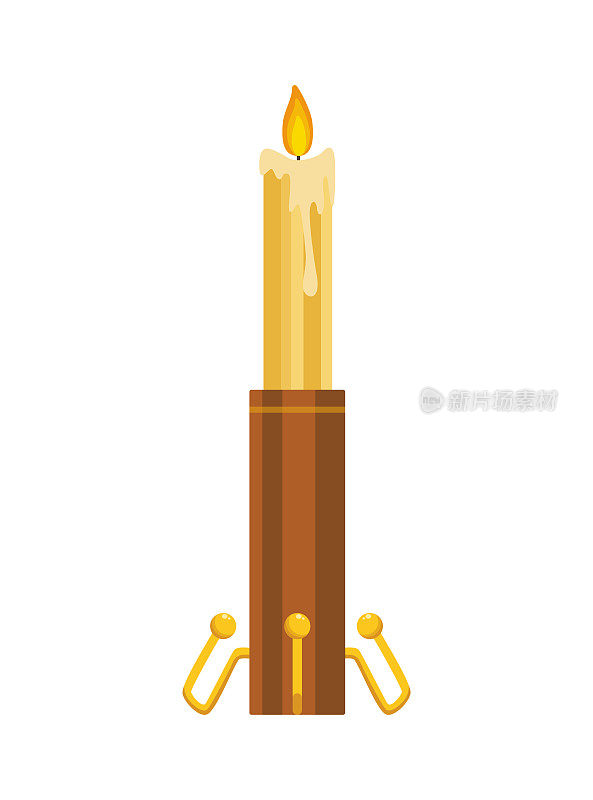烛台。复古烛台与燃烧的蜡蜡烛火焰。优雅的老式灯架或金属灯图标插图的室内设计。古董蜡烛