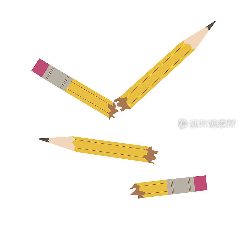破碎的铅笔。用过的铅笔在白色背景上的插图。焦虑，问题，愤怒的概念。抽象的背景。平面矢量图