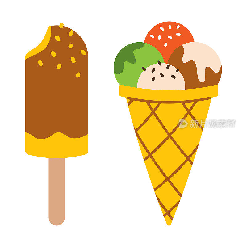 向量集的冰淇淋。华夫蛋筒配冰淇淋球。冰淇淋上的巧克力釉棒。夏天的甜点。华夫蛋筒冰淇淋球和爱斯基摩派。扁平设计的甜食。
