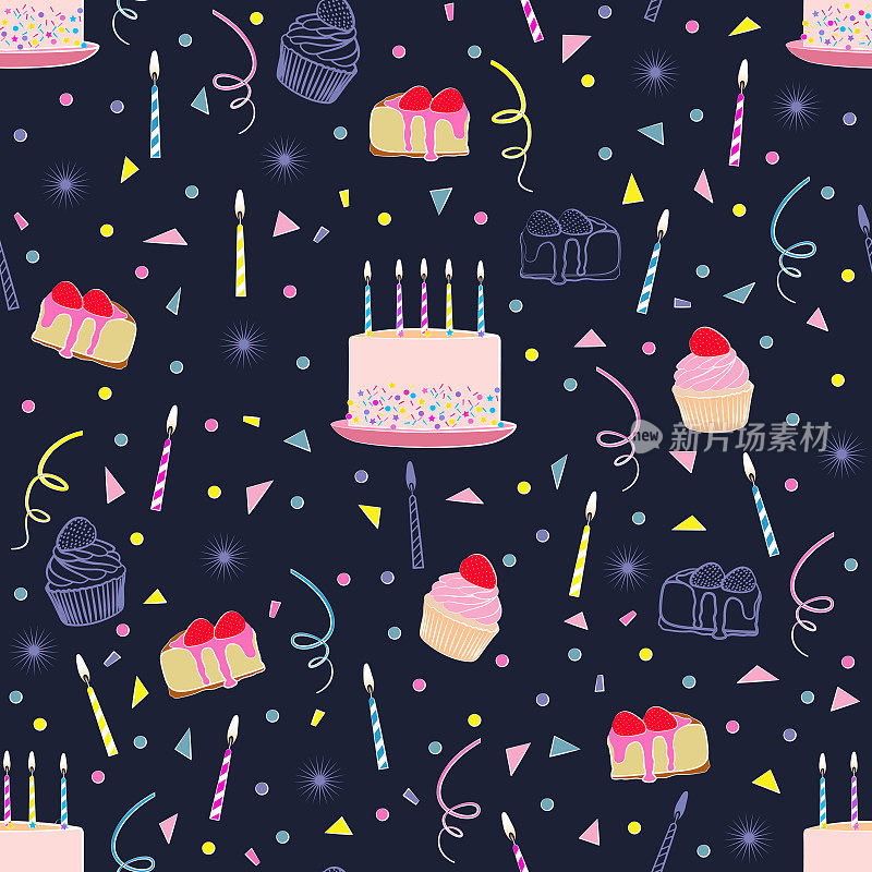 生日派对快乐无缝图案。纸杯蛋糕，生日蛋糕，蜡烛，五彩纸屑，彩带，派对背景。草莓蛋糕，草莓酥饼。