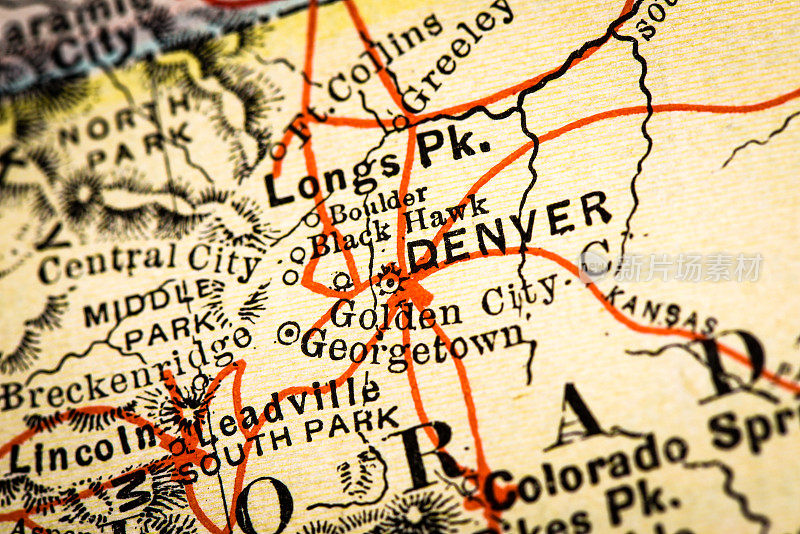 古董地图集地图宏观特写:科罗拉多州丹佛市
